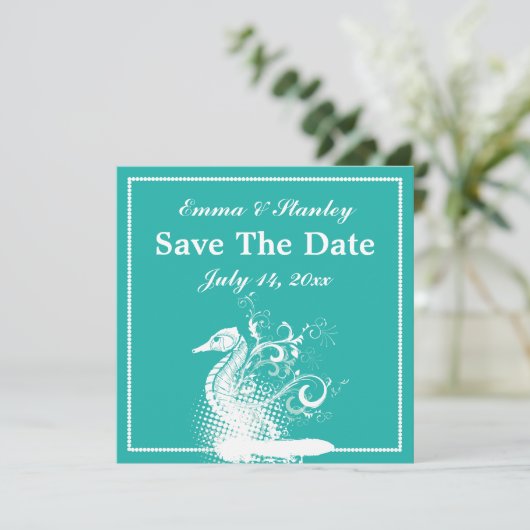 Blaue Hochzeit mit weißem Seepferd Save The Date (Stehend Vorderseite)