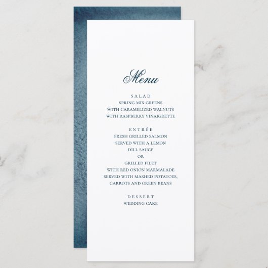 Blaue Hochzeit. Moderne Wasserfarbenflotte Menükarte (Vorne/Hinten)