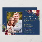 Blaue Hochzeit von Burgundy Red Floral Navy Save The Date (Vorne/Hinten)
