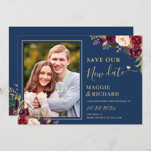 Blaue Hochzeit von Burgundy Red Floral Navy Save The Date (Vorne/Hinten)
