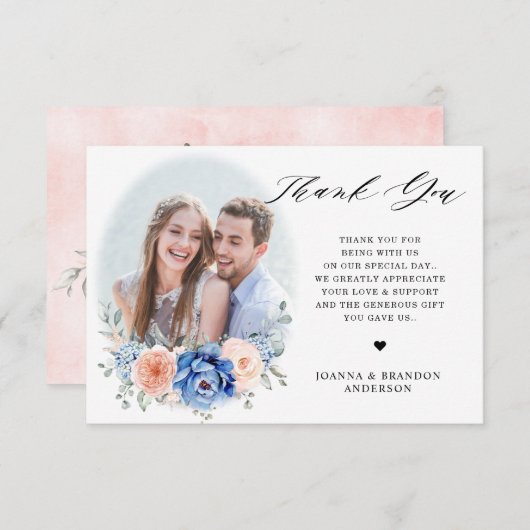 Blaue Hochzeit von Navy Slate Dusty Blush Pink Flo Dankeskarte (Vorne/Hinten)