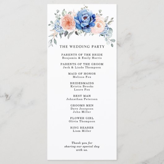 Blaue Hochzeit von Navy Slate Dusty Blush Pink Flo Programm (Rückseite)