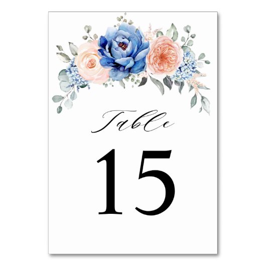 Blaue Hochzeit von Navy Slate Dusty Blush Pink Flo Tischnummer (Vorderseite)