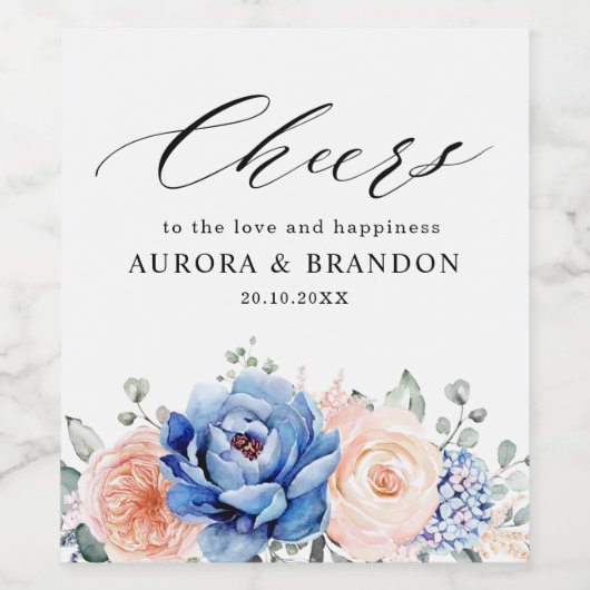 Blaue Hochzeit von Navy Slate Dusty Blush Pink Flo Weinetikett (Einzelnes Label)