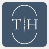 Blaue Hochzeitmonogramm in Oval Frame Quadratischer Aufkleber (Vorderseite)