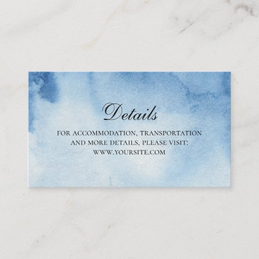 Blaue Hochzeitsdetails. Info. Moderne Wasserfarbe Begleitkarte (Vorderseite)