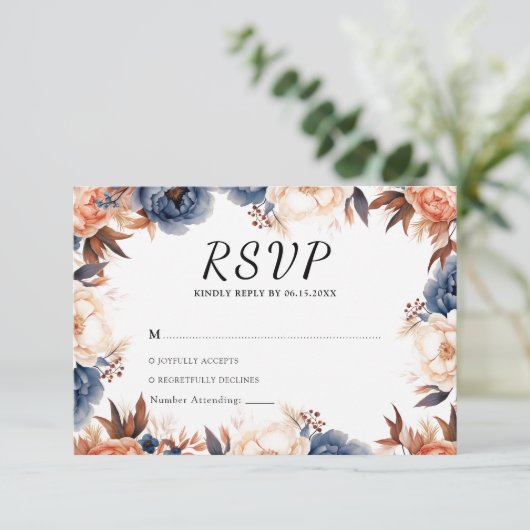 Blaue Hochzeitsfeier RSVP Karte (Stehend Vorderseite)