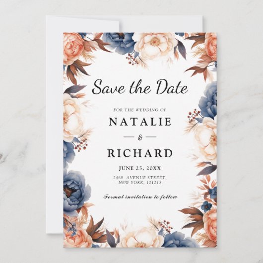 Blaue Hochzeitsfeier Save The Date (Vorderseite)