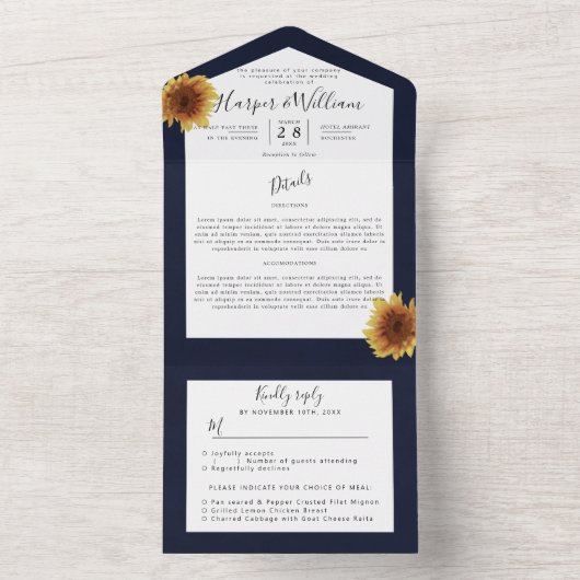 Blaue Hochzeitshülle für Sonnenblumen All In One Einladung (Innen Boden)