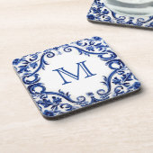 Blaue Hochzeitsmonogramm Getränkeuntersetzer (Linke Seite)