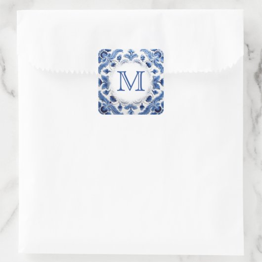 Blaue Hochzeitsmonogramm Quadratischer Aufkleber (Tasche)