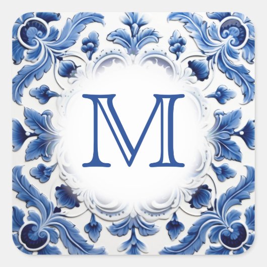 Blaue Hochzeitsmonogramm Quadratischer Aufkleber (Vorderseite)