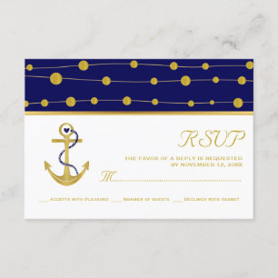 Blaue Hochzeitsnacht mit Goldanker & Perlen RSVP Karte