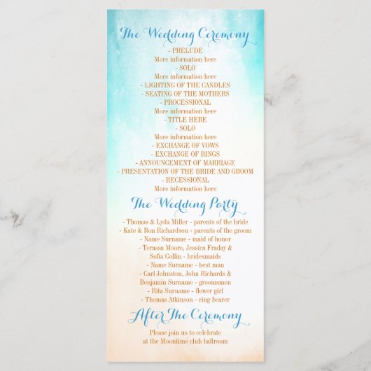 Blaue Hochzeitsprogramme für den Strand Programm (Rückseite)