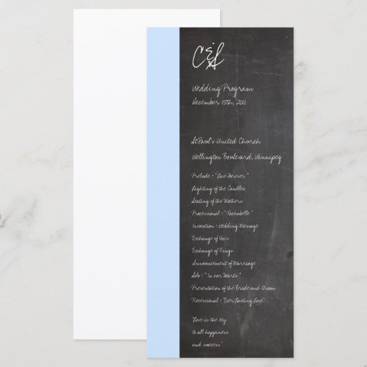 Blaue Hochzeitsprogramme im Chalkboard Programm (Vorne/Hinten)