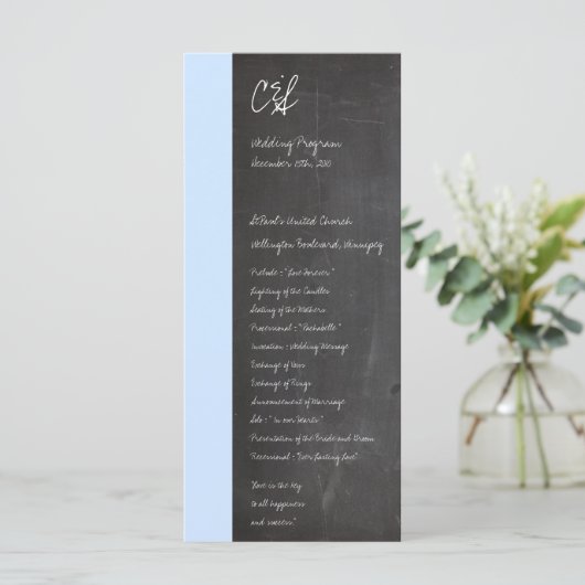 Blaue Hochzeitsprogramme im Chalkboard Programm (Stehend Vorderseite)