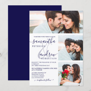 Blaue Hochzeitsschrift für 3 Fotos Einladung