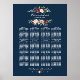 Blaue Hochzeitstabelle für Burgundy-Floral Navy Poster