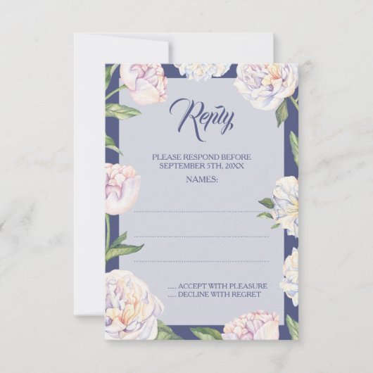 Blaue Hochzeitstorte aus weißem Peony RSVP Karte (Vorderseite)