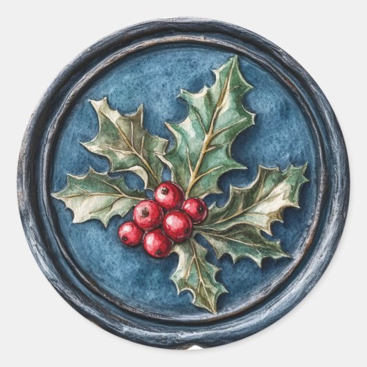 Blaue Holly-Christmas-Faux-Wachs Runder Aufkleber (Vorderseite)