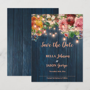 Blaue Holz-Blumenlichter Hochzeit Save The Date Ankündigungspostkarte