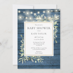 Blaue Holz-Lichterkette mit Grünzeug Baby Shower Einladung