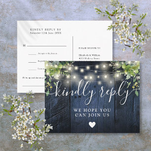 Blaue Holz-Lichterketten-Songwunsch-RSVP-Postkarte Einladungspostkarte