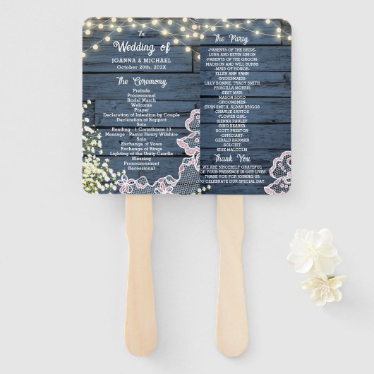 Blaue Holz-Lichterketten & Spitze Hochzeitsprogram Fächer (Vorne und Hinten)