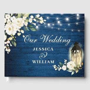 Blaue Holz- und Rosenhochzeit mit rosafarbenen Ros Gästebuch