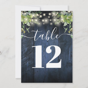 Blaue Holzschnurlichter mit Grün Table Number Einladung