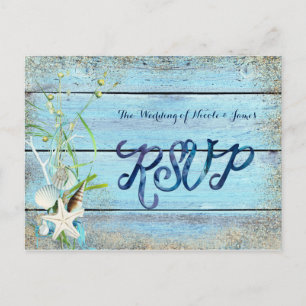 Blaue Holzstrand Tropische Hochzeit RSVP Karte