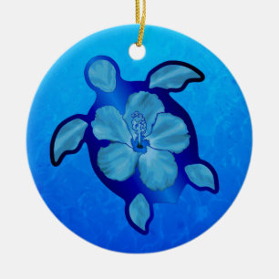 Blaue Honu Schildkröte und Hibiskus Keramikornament