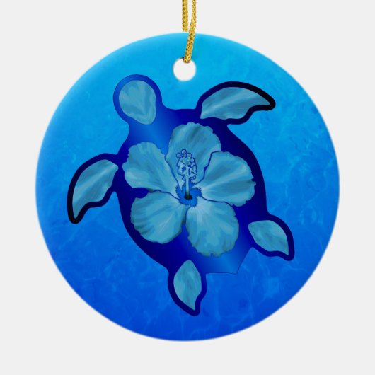 Blaue Honu Schildkröte und Hibiskus Keramikornament (Vorne)