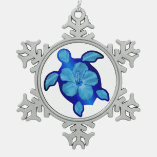Blaue Honu Schildkröte und Hibiskus Schneeflocken Zinn-Ornament