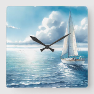 Blaue Horizont-Segelyacht Quadratische Wanduhr