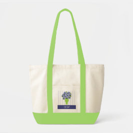 Blaue Hortensie Blau gestreifte Monogramm-Muster Tragetasche