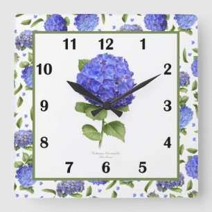 Blaue Hortensie Botanische Kunst Quadratische Wand Wanduhr