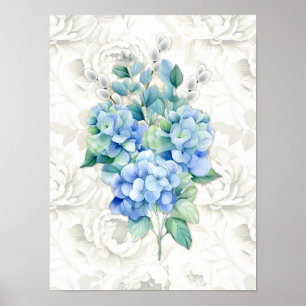 Blaue Hortensie Botanischer Elfenbein-Blumenhinter Poster