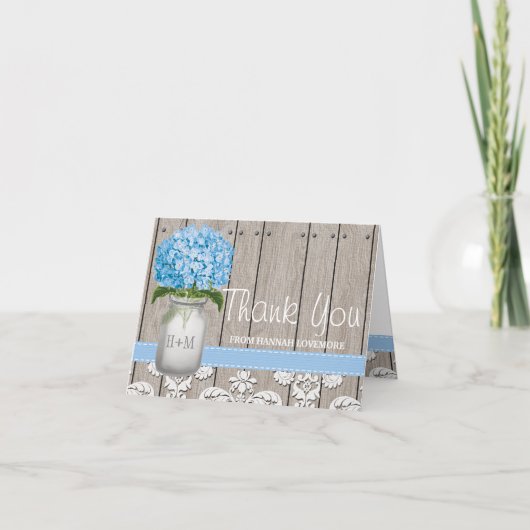 BLAUE Hortensie Monogrammierte Mason Jar DANKE (Vorderseite)