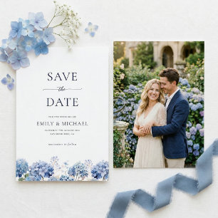 Blaue Hortensie Save The Date Mit Foto Flachkarte