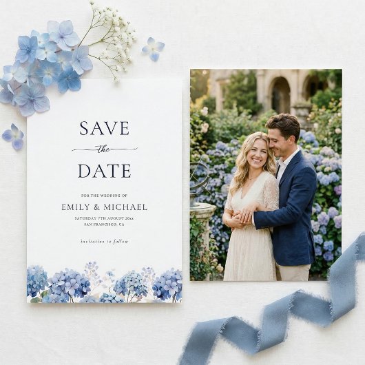 Blaue Hortensie Save The Date Mit Foto Flachkarte