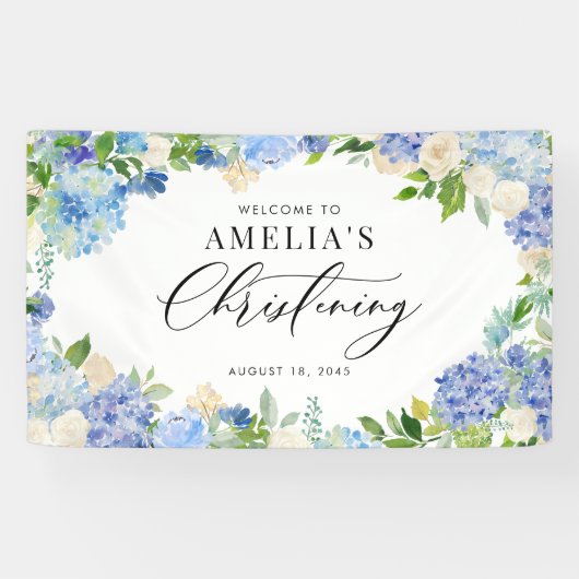 Blaue Hortensie und Elfenbein-Rosen-Taufe Banner (Horizontal)