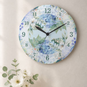Blaue Hortensie und florale Wasserfarbe Wanduhr
