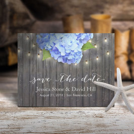 Blaue Hortensie und Lichterketten Holz Save-the-Da Ankündigungspostkarte