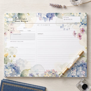Blaue Hortensien-Aquarell-Blumen-Buchrezension Notizblock
