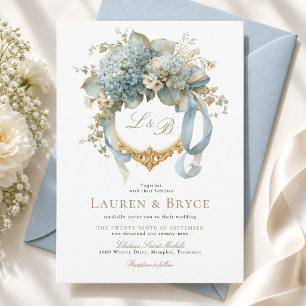 Blaue Hortensien-Aquarell-Blumenwappen-Hochzeit Einladung