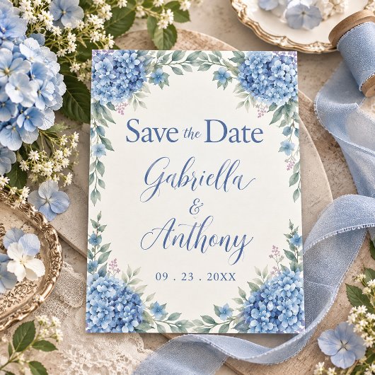 Blaue Hortensien Aquarell Floralschrift Save The Date