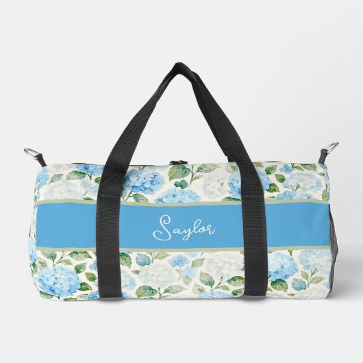 Blaue Hortensien-Aquarell-Name Duffle Bag (Vorderseite)