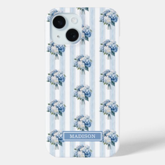 Blaue Hortensien auf Streifen Case-Mate iPhone Hülle (Rückseite)