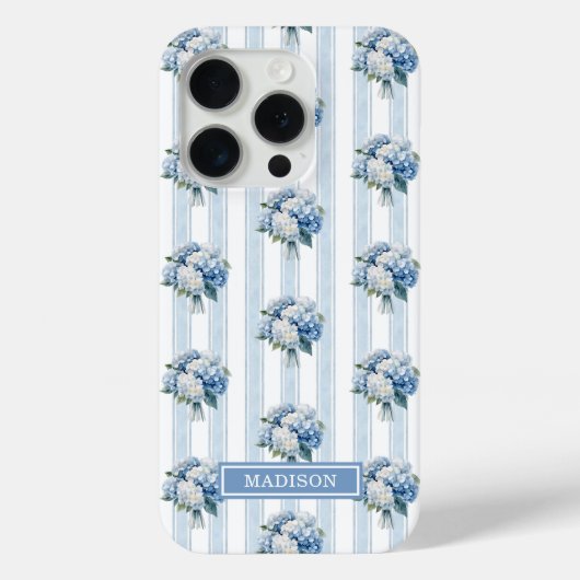 Blaue Hortensien auf Streifen Case-Mate iPhone Hülle (Rückseite)